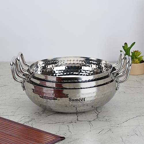 Sumeet Stainless Steel Handcrafted Hammered Mathar Kadai for Kitchen, 1700ML, 2250ML & 2850ML, 20cm, 22cm & 24cm Dia, Pack of 3, Silver