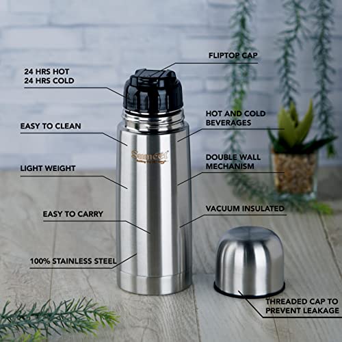 Sumeet Stainless Steel Double Walled Flask / Water Bottle, with Flip Lid,  24 Hours Hot and Cold, 400 ml, Silver - Set of 2 Pcs