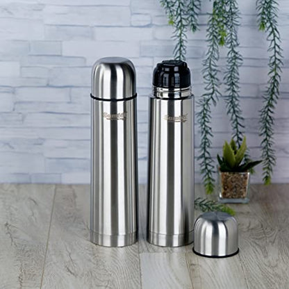 Sumeet Stainless Steel Double Walled Flask / Water Bottle, with Flip Lid, 24 Hours Hot and Cold, 500 ml, Silver - Set of 2 Pcs