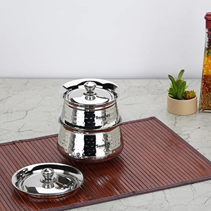 Sumeet Stainless Steel Handcrafted Hammered Texture Handi Set with Lid for Kitchen, Set of 2, 460ml & 650ml, Silver