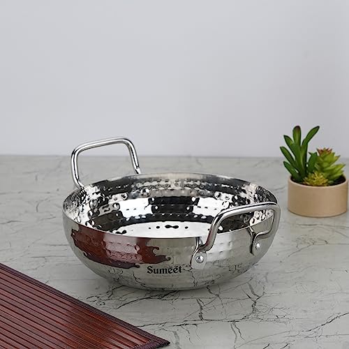 Sumeet Stainless Steel Handcrafted Hammered Mathar Kadai for Kitchen, Medium Size, 2250ML, 22cm Dia, Pack of 1, Silver