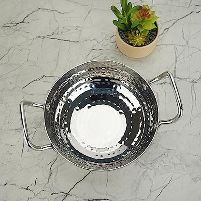 Sumeet Stainless Steel Handcrafted Hammered Mathar Kadai for Kitchen, Small Size, 1000ML, 16cm Dia, Pack of 1, Silver