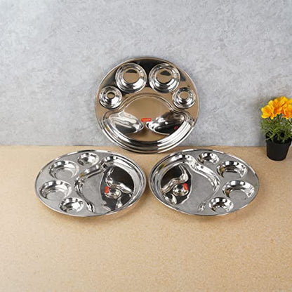 Sumeet Stainless Steel Round 5 in 1 Compartment Lunch / Dinner Plate Set of 3Pcs, 34cm Dia, Silver