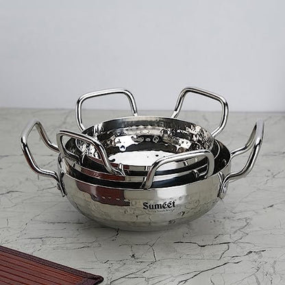 Sumeet Stainless Steel Handcrafted Hammered Mathar Kadai for Kitchen, 650ML, 1000ML & 1350ML, 14cm, 16cm & 18cm Dia, Pack of 3, Silver