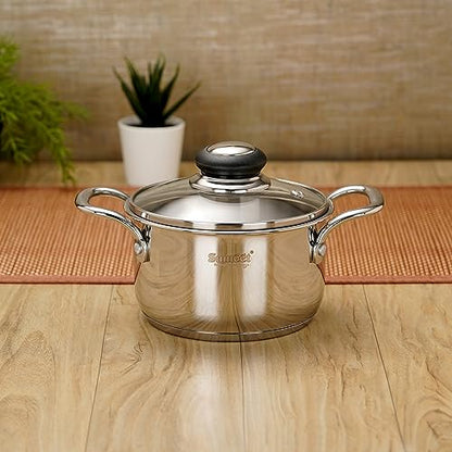 Sumeet Stainless Steel Induction Bottom (Encapsulated Bottom) Casserole with Glass Lid 1.3 LTR, 14 cm Dia, Silver