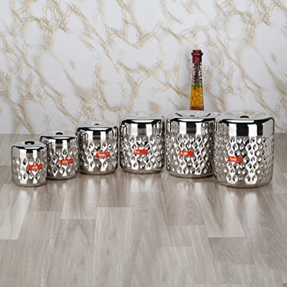 Sumeet Stainless Steel Vertical Utility Canisters/Ubha Dabba/Storage Containers with Design Set of 6pcs (350ml, 500ml,700ml,900ml,1200ml,1700ml), Silver