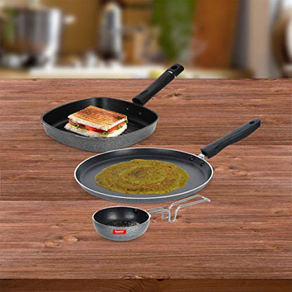 Sumeet NonStick Grau Cookware Set (Dosa Tawa - 26.5Cm Dia + Grill Pan-22cm Dia + Waghariya/Tadka pan - 190Ml - 10Cm Dia)