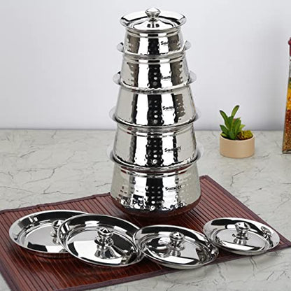 Sumeet Stainless Steel Handcrafted Hammered Texture Handi Set with Lid for Kitchen, Set of 5, 460ml, 650ml, 950ml, 1300ml & 1700ml, Silver