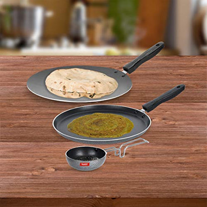 Sumeet NonStick Hiriwa Cookware Set (Dosa Tawa - 26.5Cm Dia + Conceve/Roti Tawa - 28Cm Dia + Waghariya/Tadka pan - 190Ml - 10Cm Dia)