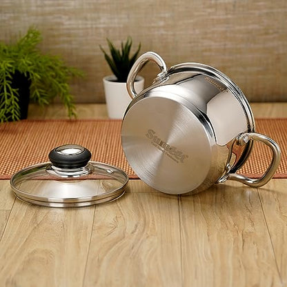 Sumeet Stainless Steel Induction Bottom (Encapsulated Bottom) Casserole with Glass Lid 1.3 LTR, 14 cm Dia, Silver