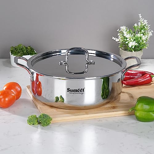 Sumeet Cook Smart TriPly SAS (Steel-Aluminium-Steel - 3 Layers) Casserole/Biryani Pot/Stock Pot with S.S. Lid- 4.35Ltr - 24Cm, Silver