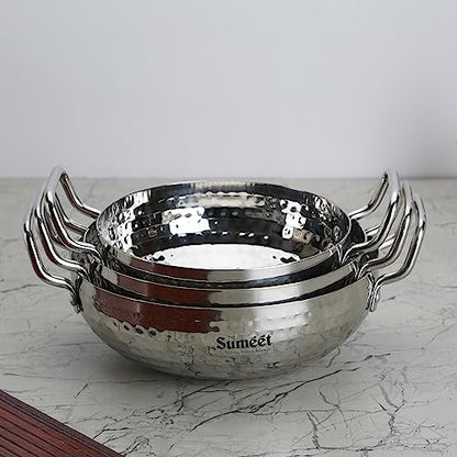 Sumeet Stainless Steel Handcrafted Hammered Mathar Kadai for Kitchen, 1350ML, 1700ML & 2250ML, 18cm, 20cm & 22cm Dia, Pack of 3, Silver