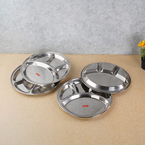 Sumeet Stainless Steel Round 4 in 1 Compartment Lunch / Dinner Plate Set of 4Pcs, 32.5cm Dia, Silver