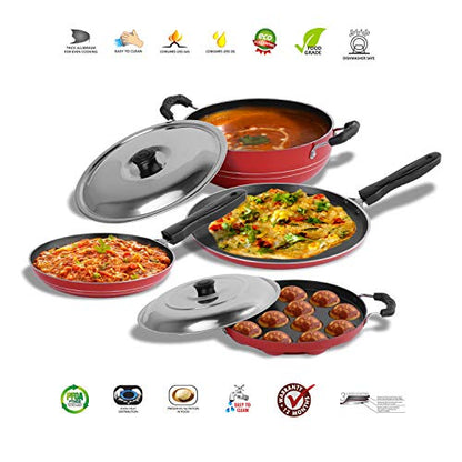 Sumeet 2.6mm Thick Non-Stick Erythro Cookware Set (Dosa Tawa – 26.5cm Dia + Kadhai with Lid – 1.5Ltr Capacity- 20cm Dia + Grill Appam Patra with Lid – 23cm Dia + Tapper pan – 20cm Dia)