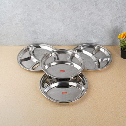 Sumeet Stainless Steel Round 4 in 1 Compartment Lunch / Dinner Plate Set of 4Pcs, 32.5cm Dia, Silver