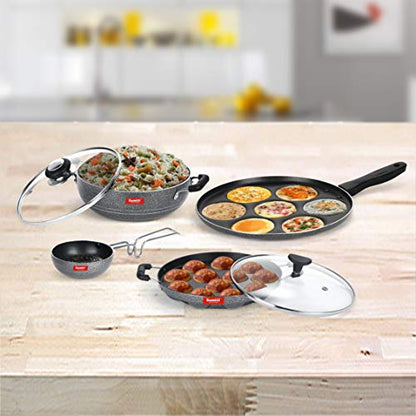 Sumeet NonStick Nero Cookware Set(Multi Snack Maker-7 Cavity-26.5Cm Dia+Kadhai with Glass Lid-2Ltr-22Cm Dia+Grill Appam Patra with Glass Lid-12 Cavity-22cm Dia+Waghariya/Tadka pan-190Ml-10Cm Dia)