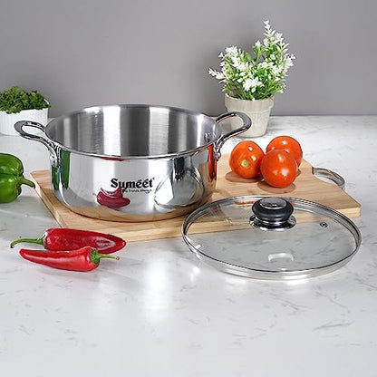 Sumeet Cook Smart TriPly SAS (Steel-Aluminium-Steel - 3 Layers) Casserole/Biryani Pot/Stock Pot with Glass Lid- 3.75Ltr - 22Cm, Silver