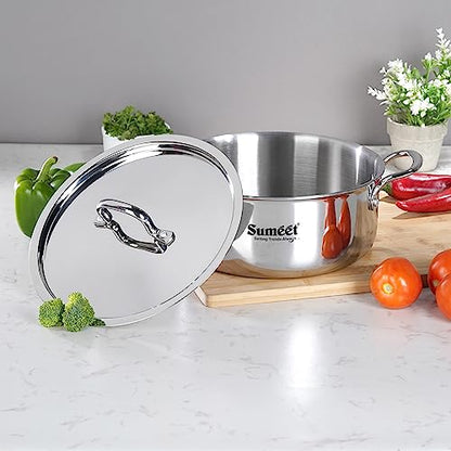 Sumeet Cook Smart TriPly SAS (Steel-Aluminium-Steel - 3 Layers) Casserole/Biryani Pot/Stock Pot with S.S. Lid- 3.75Ltr - 22 Cm, Silver