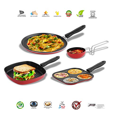 Sumeet 2.6mm Thick Non-Stick Russu Cookware Set (Dosa Tawa – 26.5cm Dia + Mini Multi Snack Maker – 19.5cm Dia + Grill Pan – 1.1Ltr Capacity – 22cm Dia + Tadka Pan – 10cm Dia)