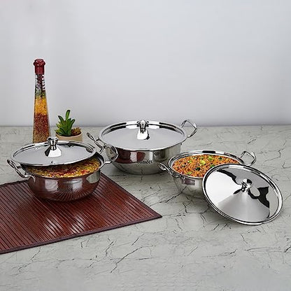 Sumeet Big Size Stainless Steel Cook and Serve Induction Handi Set with Lid and Handle, Set of 3Pc, 1200ML,1650ML & 2050ML, Silver