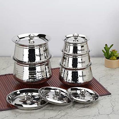 Sumeet Stainless Steel Handcrafted Hammered Texture Handi Set with Lid for Kitchen, Set of 5, 460ml, 650ml, 950ml, 1300ml & 1700ml, Silver