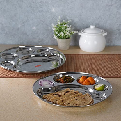 Sumeet Stainless Steel Round 5 in 1 Compartment Lunch / Dinner Plate Set of 3Pcs, 34cm Dia, Silver