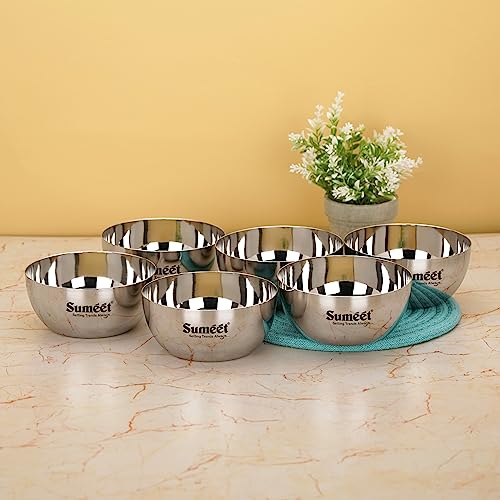 Sumeet Heavy Gauge Stainless Steel Big Size Apple Bowl/Wati/Katori with Mirror Finish – 12.2cm Dia, Set of 6pc, 550ML Each, Silver