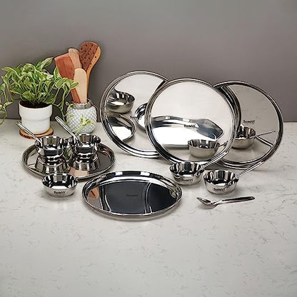 Sumeet Stainless Steel Heavy Gauge Mirror Finish Dinner Set of 15 Pcs (5 Plate, 5 Bowl/Wati, 5 Spoon), Silver