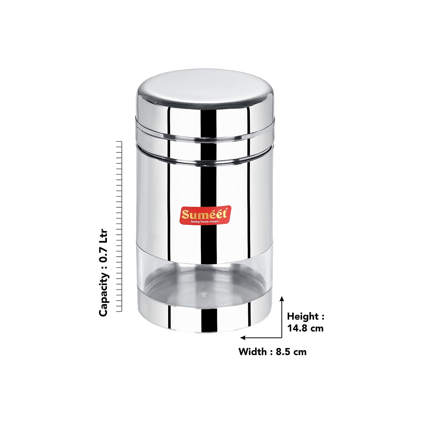 Sumeet Stainless Steel Circular See Through/Transparent Container, Set of 6Pc, 700 Ml Each, 8.5cm Dia, Silver