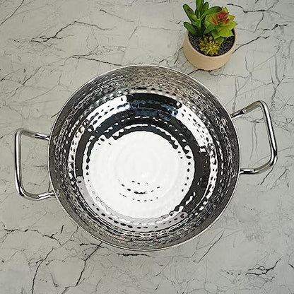 Sumeet Stainless Steel Handcrafted Hammered Mathar Kadai for Kitchen, Medium Size, 2250ML, 22cm Dia, Pack of 1, Silver