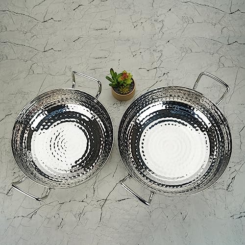 Sumeet Stainless Steel Handcrafted Hammered Mathar Kadai for Kitchen, Big Size, 2850ML & 3550ML, 24cm & 26cm Dia, Pack of 2, Silver