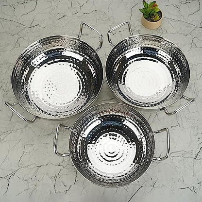 Sumeet Stainless Steel Handcrafted Hammered Mathar Kadai for Kitchen, 2850ML, 3550ML & 4200ML, 24cm, 26cm & 28cm Dia, Pack of 3, Silver