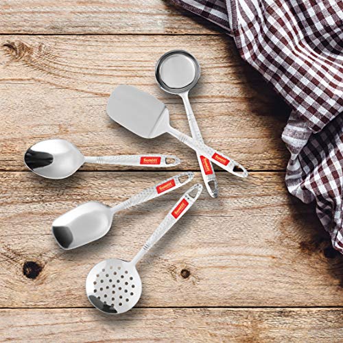 Sumeet Stainless Steel Small Serving and Cooking Spoon Set of 5pc (1 Turner, 1 Serving Spoon, 1 Skimmer, 1 Basting Spoon, 1 Ladle)