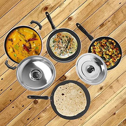 Sumeet 2.6mm Thick Non-Stick MENA Cookware Set (Dosa Tawa – 26.5cm Dia + Concave Tawa – 28cm Dia + Kadhai with Lid – 1.5Ltr Capacity- 20cm Dia + Fry pan – 1.5Ltr Capacity – 21cm Dia)