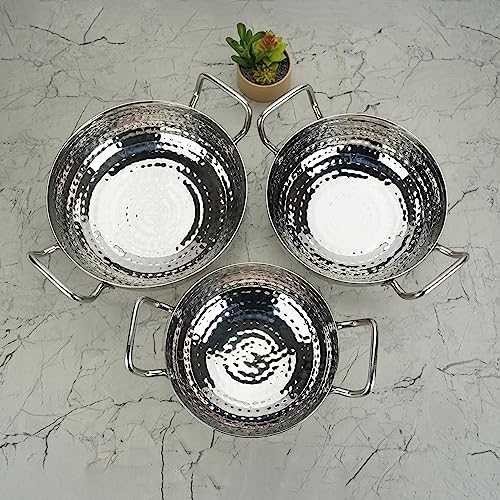 Sumeet Stainless Steel Handcrafted Hammered Mathar Kadai for Kitchen, 1350ML, 1700ML & 2250ML, 18cm, 20cm & 22cm Dia, Pack of 3, Silver