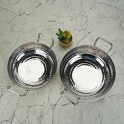 Sumeet Stainless Steel Handcrafted Hammered Mathar Kadai for Kitchen, Medium & Big Size, 2250ML & 2850ML, 22cm & 24cm Dia, Pack of 2, Silver