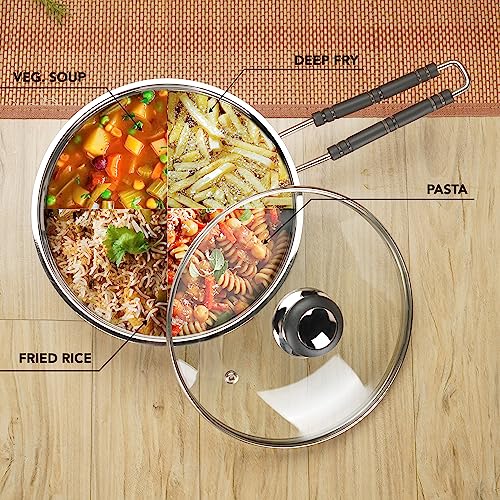 Sumeet Stainless Steel Induction Bottom (Encapsulated Bottom) Fry Pan with Glass Lid 1.250 LTR, 21.5 cm Dia, Silver