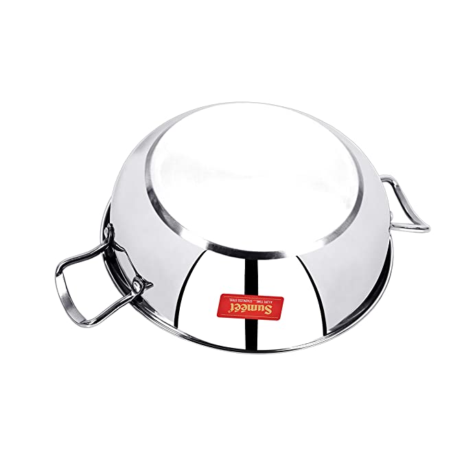 Sumeet Stainless Steel Induction Bottom (Encapsulated Bottom) Induction & Gas Stove Friendly Kadhai Size No.14 (3 LTR)