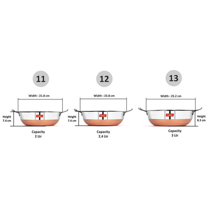 Sumeet Heavy 22 Gauge Stainless Steel Kadhai with Copper Bottom Set of 3 Pcs - Size No.11 (2 LTR - 21.8cm Dia), Size No. 12 (2.4 LTR - 23.8cm Dia), Size No.13 (3 LTR - 25.2cm Dia)