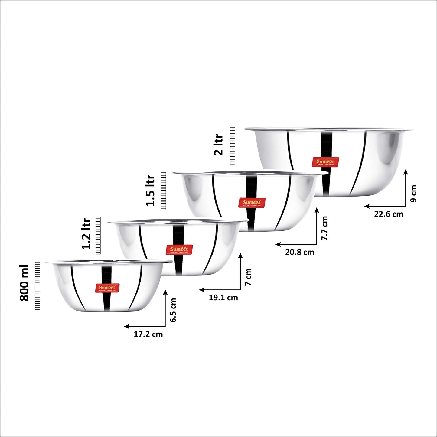 Sumeet Stainless Steel Mirror Finish Store and Serve Mixing Bowl 4Pc Set (850Ml, 1.2Ltr, 1.5Ltr, 2Ltr)