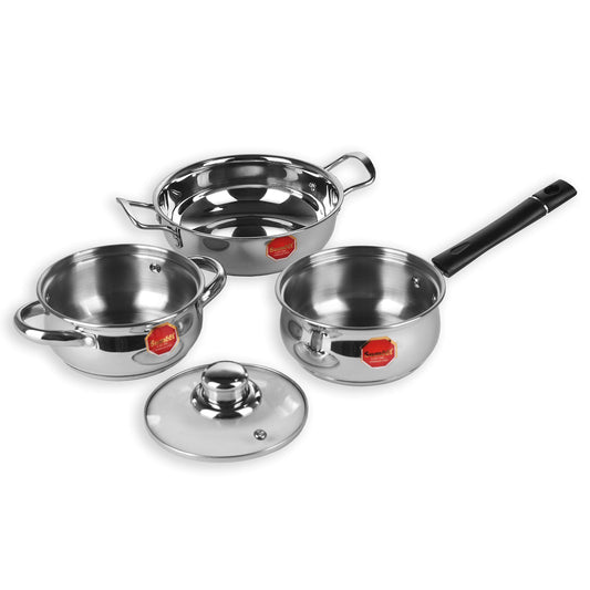 Sumeet Stainless Steel Induction and Gas stove compatible Cookware set with Encapsulated Bottom - Combo of 3 with Multi Lid Concept (Kadhai - 1.5Ltr- Saucepan with Glass Lid 1 Ltr - Casserole - 1 Ltr)