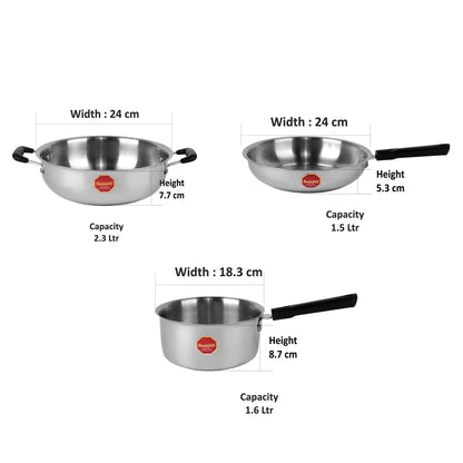 Sumeet Stainless Steel Induction & Gas Stove Friendly Light Weight 3 Pcs SKF Cookware Set (Sauce Pan +Kadhai + Fry Pan)