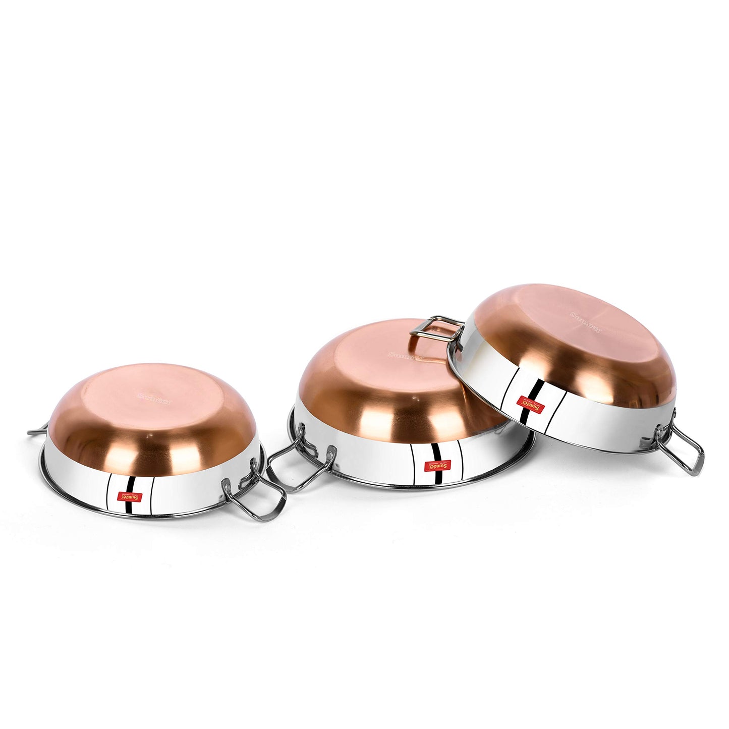 Sumeet Heavy 22 Gauge Stainless Steel Kadhai with Copper Bottom Set of 3 Pcs - Size No.11 (2 LTR - 21.8cm Dia), Size No. 12 (2.4 LTR - 23.8cm Dia), Size No.13 (3 LTR - 25.2cm Dia)