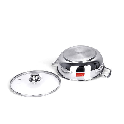 Sumeet Stainless Steel Induction Bottom Induction & Gas Stove Friendly Kadhai with Glass Lid