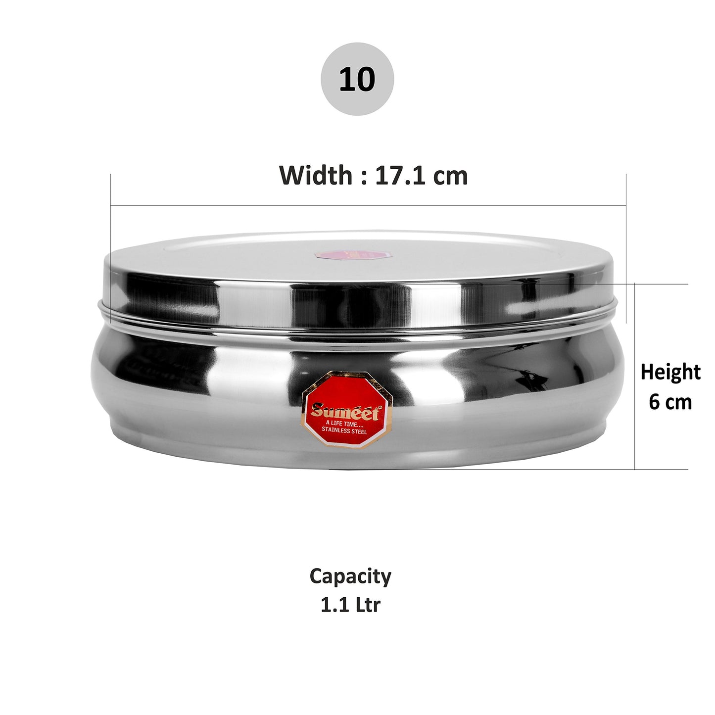 Sumeet Stainless Steel Belly Shape Masala (Spice) Box/Dabba/ Organiser with 7 Containers and Small Spoon Size No. 10 (17.1cm Dia) (1.1 LTR Capacity)