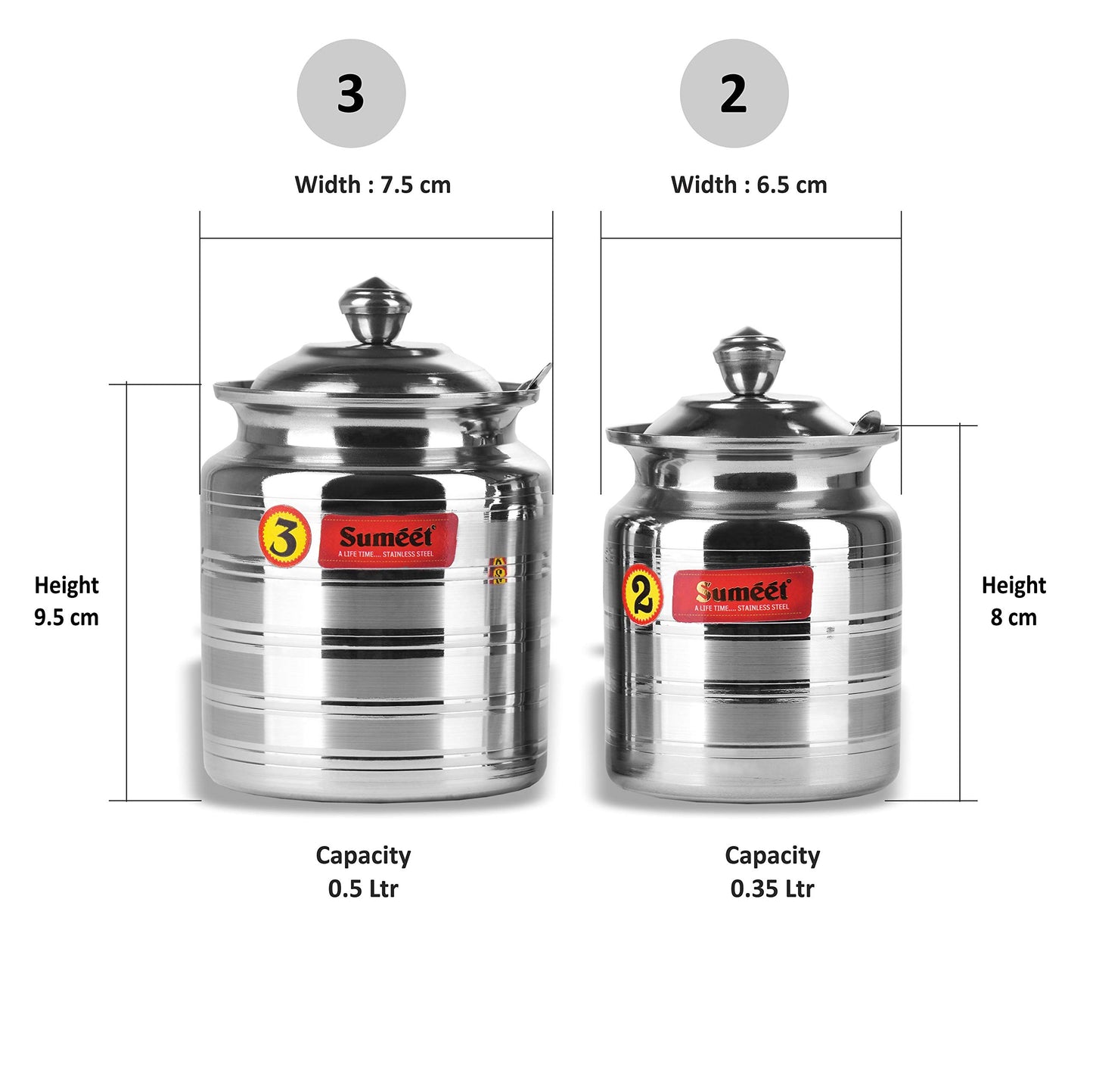 Sumeet Stainless Steel Oil and Ghee Pot Set - No. 2 350ML - 6.5cm Dia - No.3-500ML - 7.5cm Dia