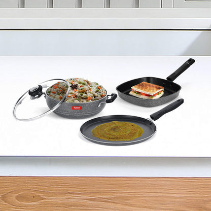 Sumeet NonStick Cawl Cookware Set (Dosa Tawa - 26.5Cm Dia + Kadhai with Glass Lid -2Ltr - 22Cm Dia + Grill Pan-22cm Dia)