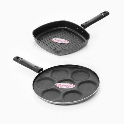 Sumeet Nonstick Two Star Combo Set (Multi Snack Maker - 7 Pcs + Grill Pan - 22cm 22cm)