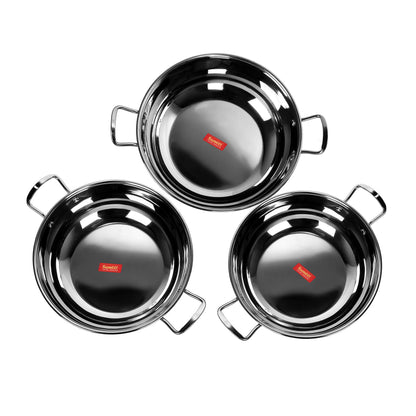 Sumeet Heavy 22 Gauge Stainless Steel Kadhai with Copper Bottom Set of 3 Pcs - Size No.11 (2 LTR - 21.8cm Dia), Size No. 12 (2.4 LTR - 23.8cm Dia), Size No.13 (3 LTR - 25.2cm Dia)