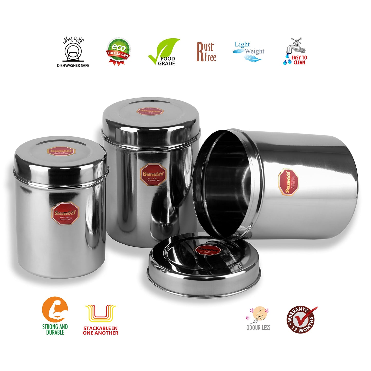 Sumeet Stainless Steel Vertical Canisters/Ubha Dabba/Storage Containers Set of 3Pcs (No. 10 To No. 12) (900ml, 1.250 Ltr, 1.6 Ltr)